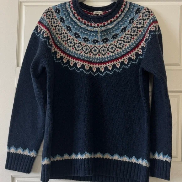 L.L. Bean Navy Fair Isle Crewneck Sweater with Light Blue and Red Accents - Picture 1 of 4